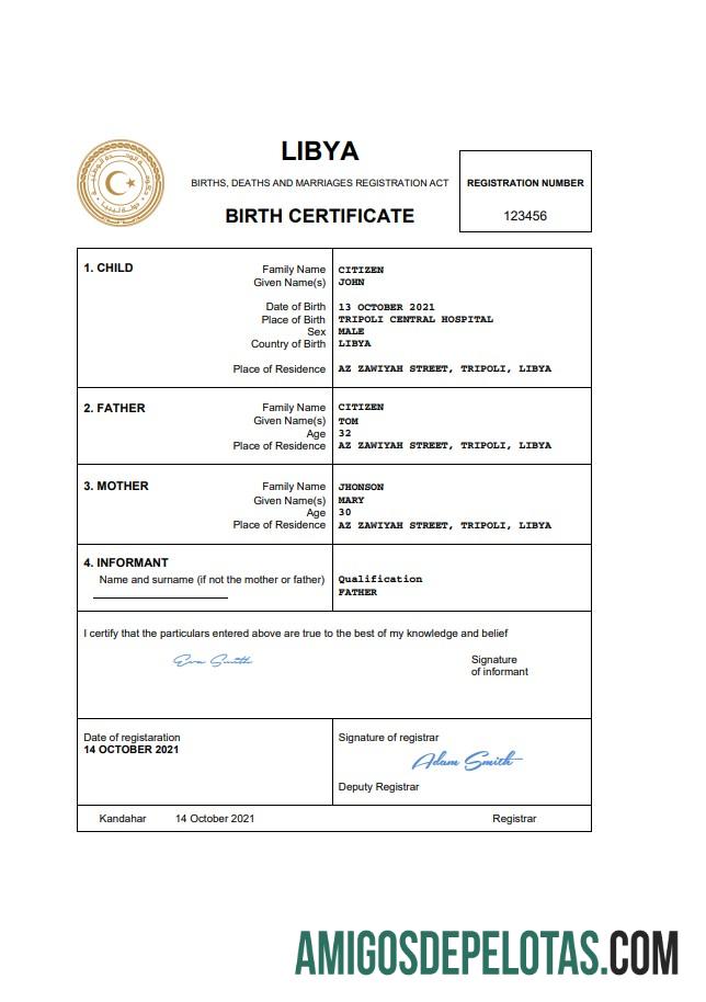 Realista modelo Word e PDF de certidão de nascimento da Líbia